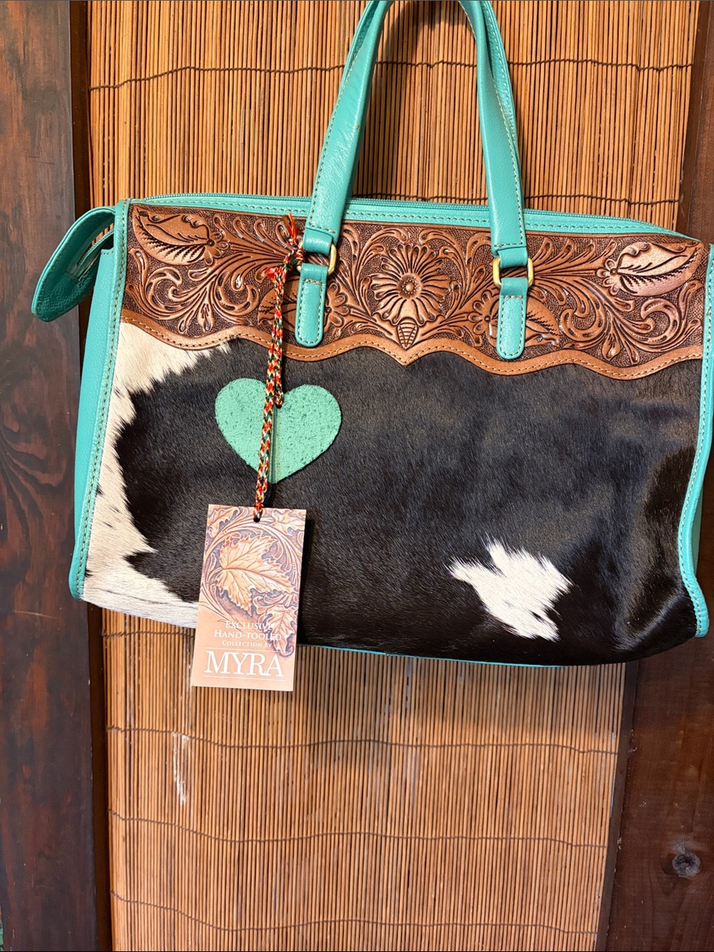 Myra Bag Black & White Cowhide Tote with Turquoise Trim
